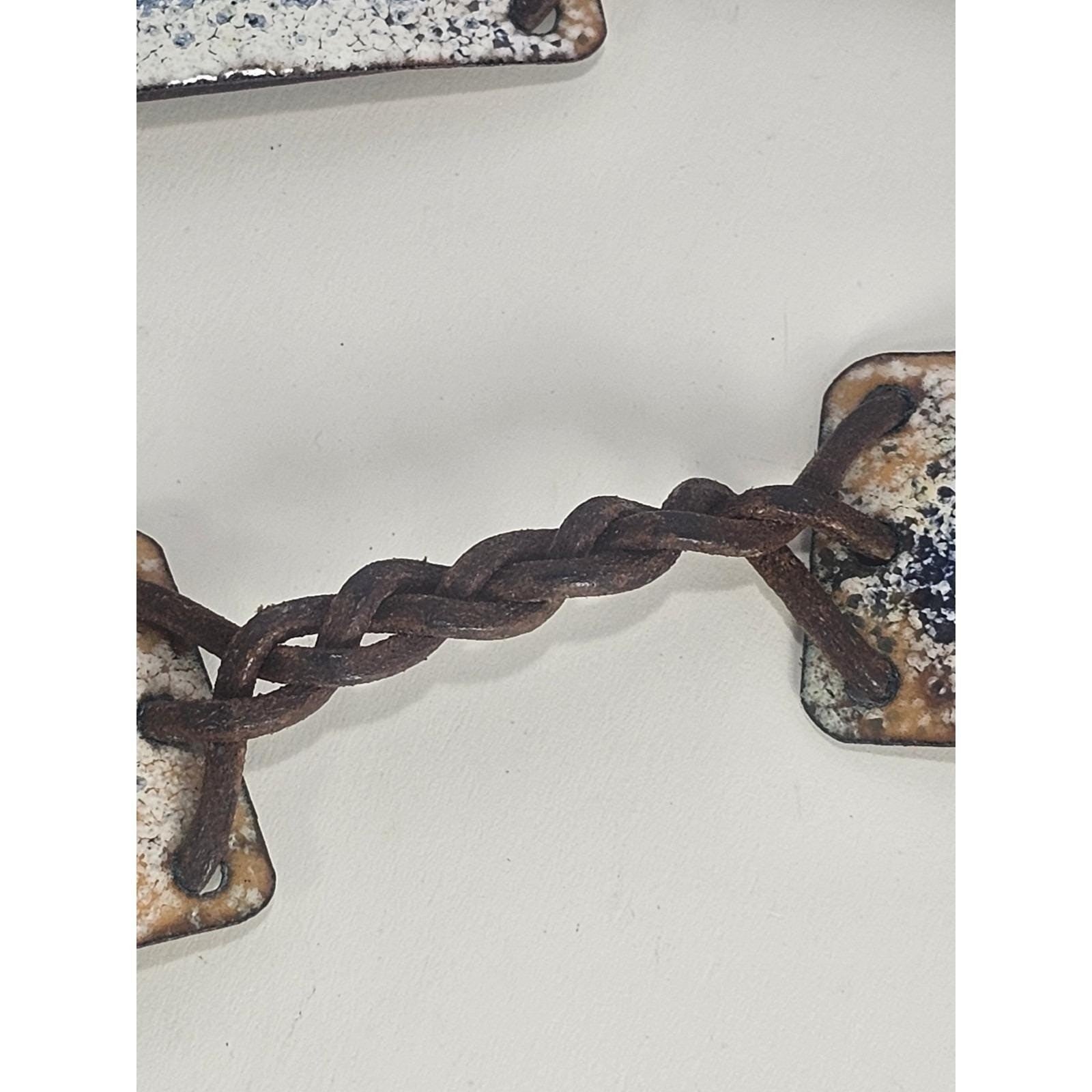 Vintage Leather Tie Belt Enamel Feather Boho Braided