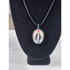 Vintage Red Madonna Pendant Necklace Oval Catholic Cross Back Charm