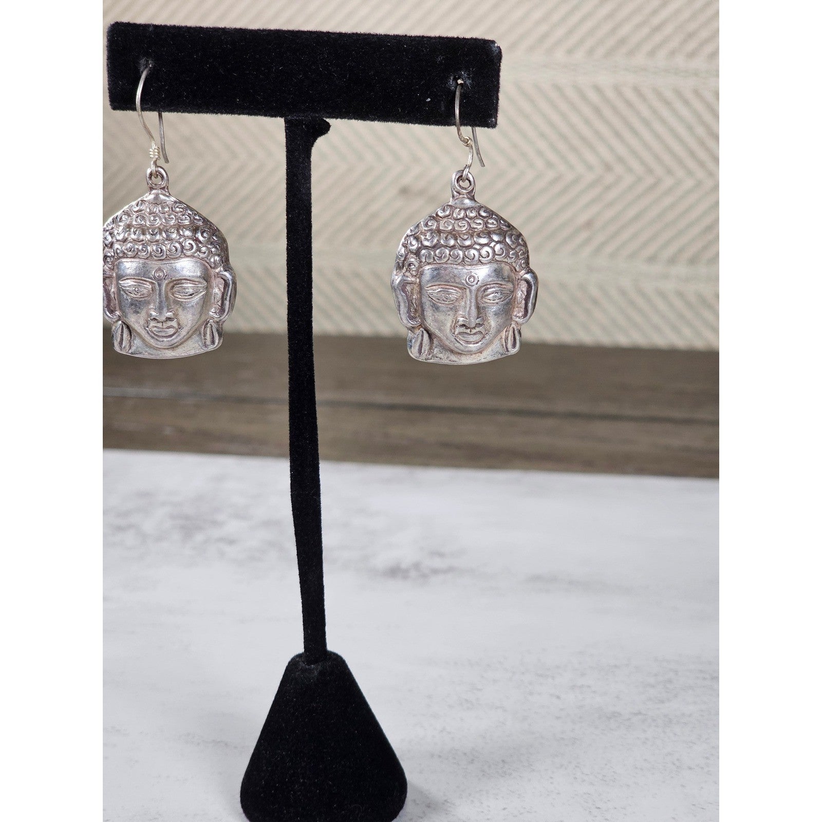 Vintage Sterling Buddha Head Dangle Earrings Spiritual Boho