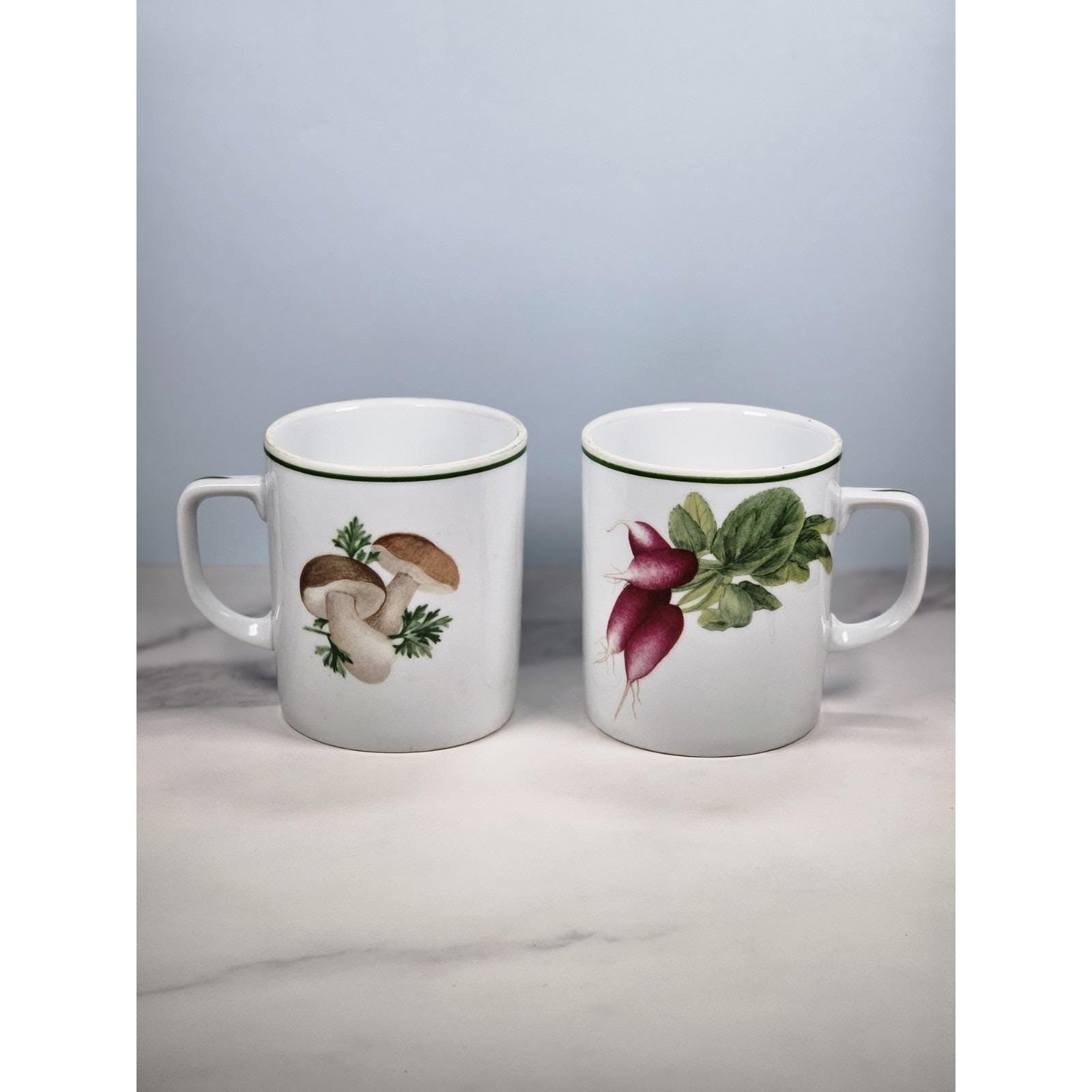 Vintage Lourioux Porcelain Botanical Mugs Set of 2 Radish Mushroom
