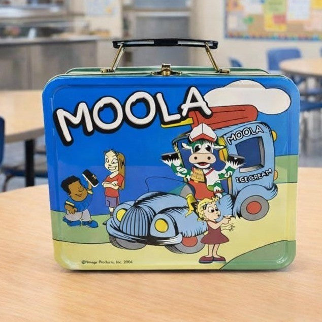 Vintage Moola the Cow Metal Lunch Box Green Blue