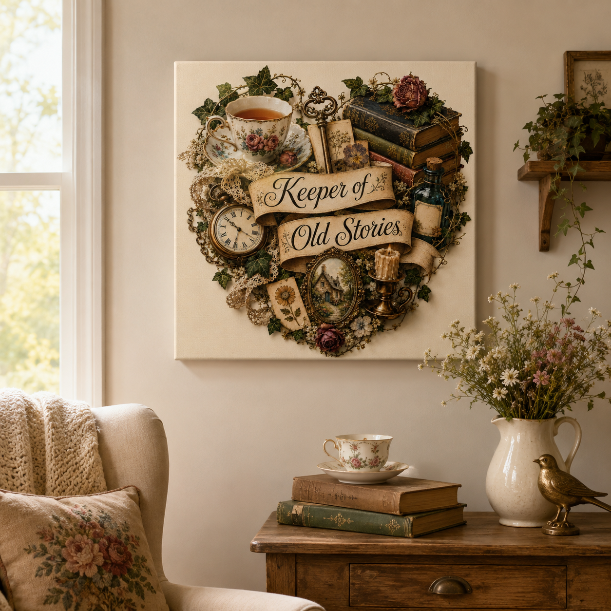 Keeper of Old Stories Canvas Wall Art, Vintage Cottagecore Decor
