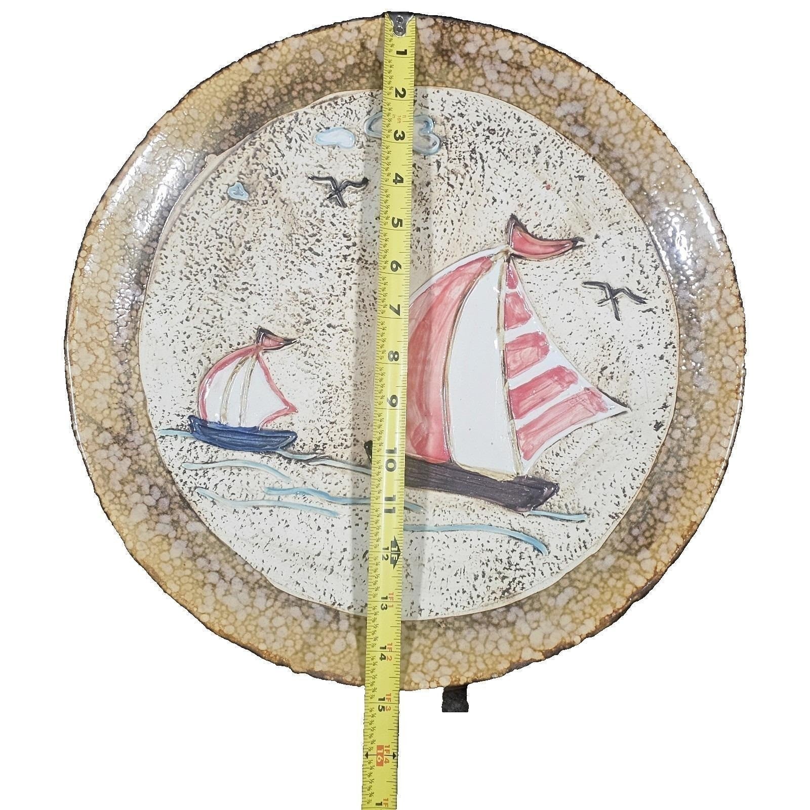 Vintage Nautical Sailboat Ceramic Plate Coastal Wall Decor 15"