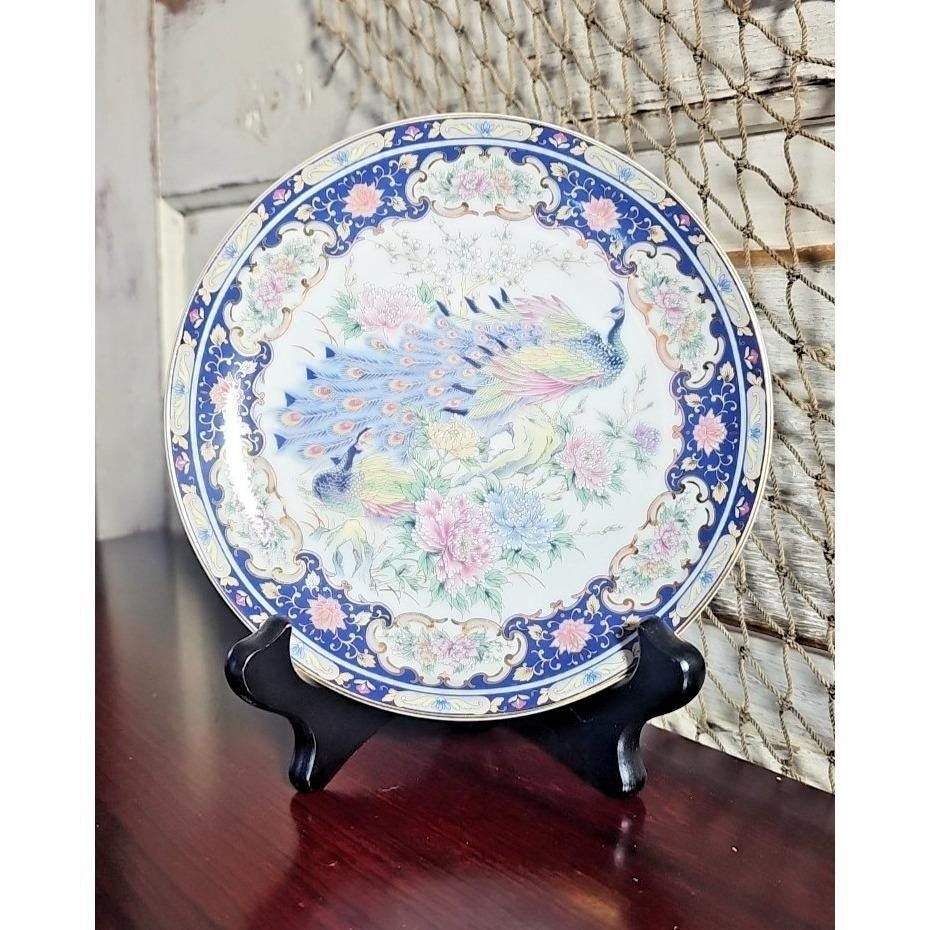 Vintage Asahi Japan Peacock Plate Blue Gold Porcelain Wall Decor