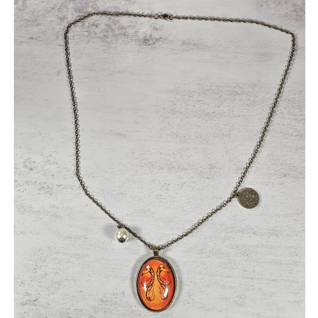 Vintage Gemini Snake Pendant Necklace Orange Zodiac Charm