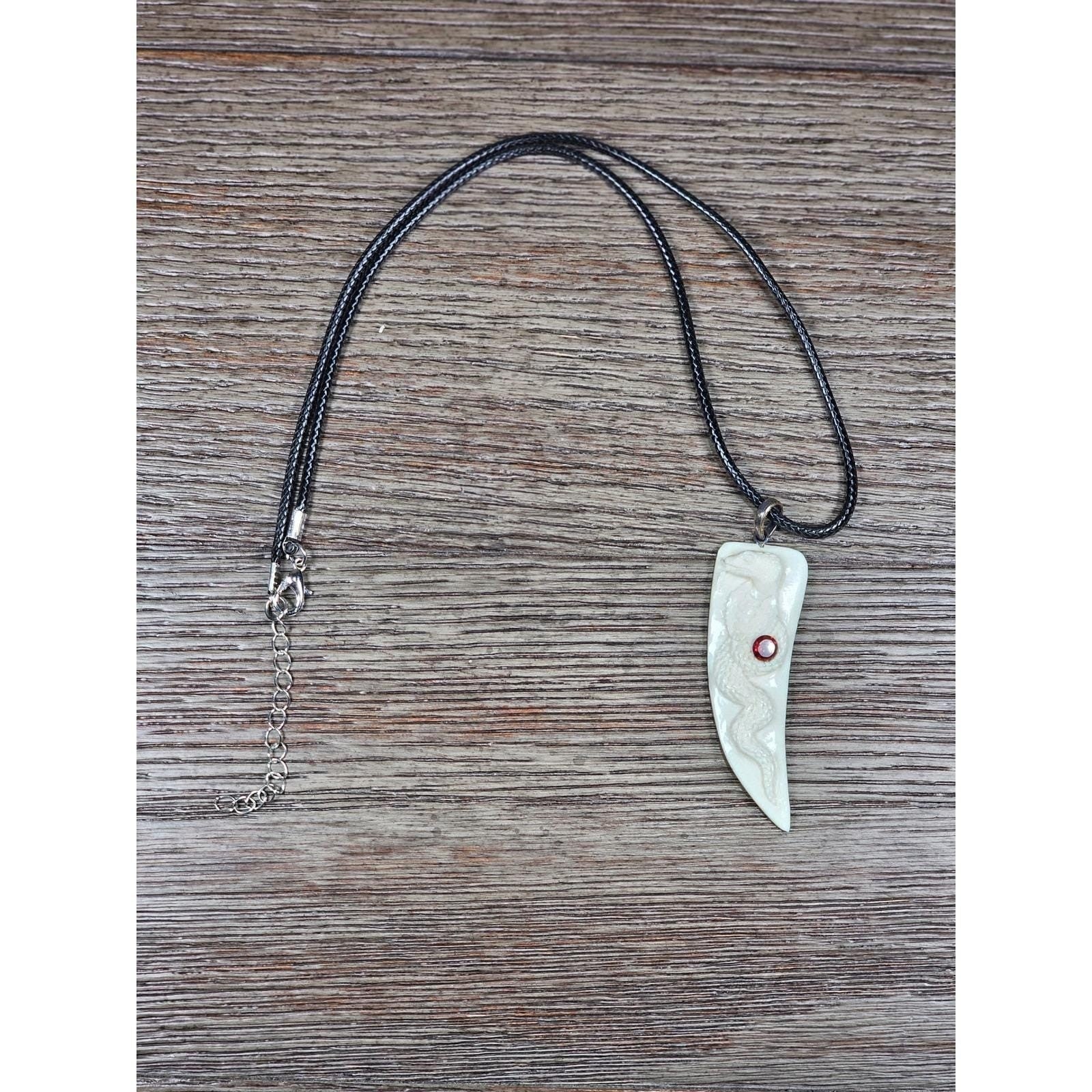 Carved Snake Fang Pendant Necklace White Tooth Style Gothic Charm 2"