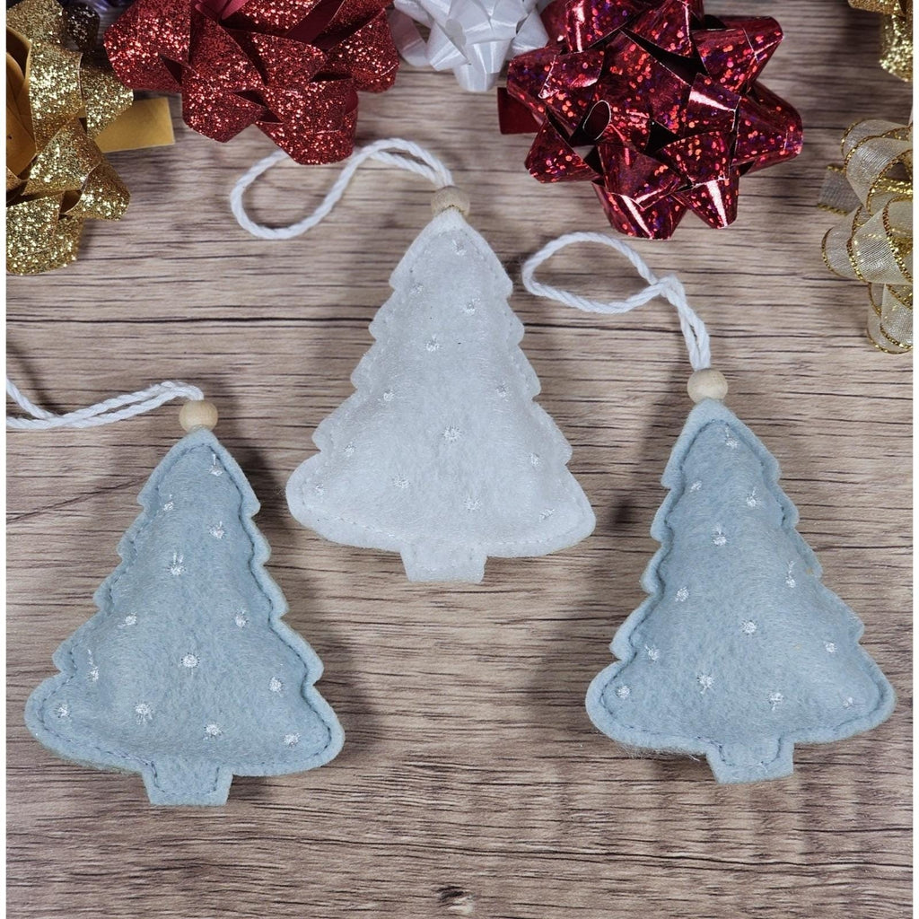 Felt Christmas Tree Ornaments Gray White Sparkle Set of 3