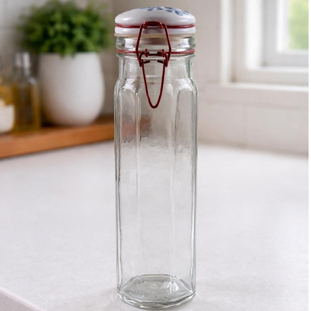 Vintage Glass Storage Jar Red Clamp Lid Snowflake Top 9 Inch