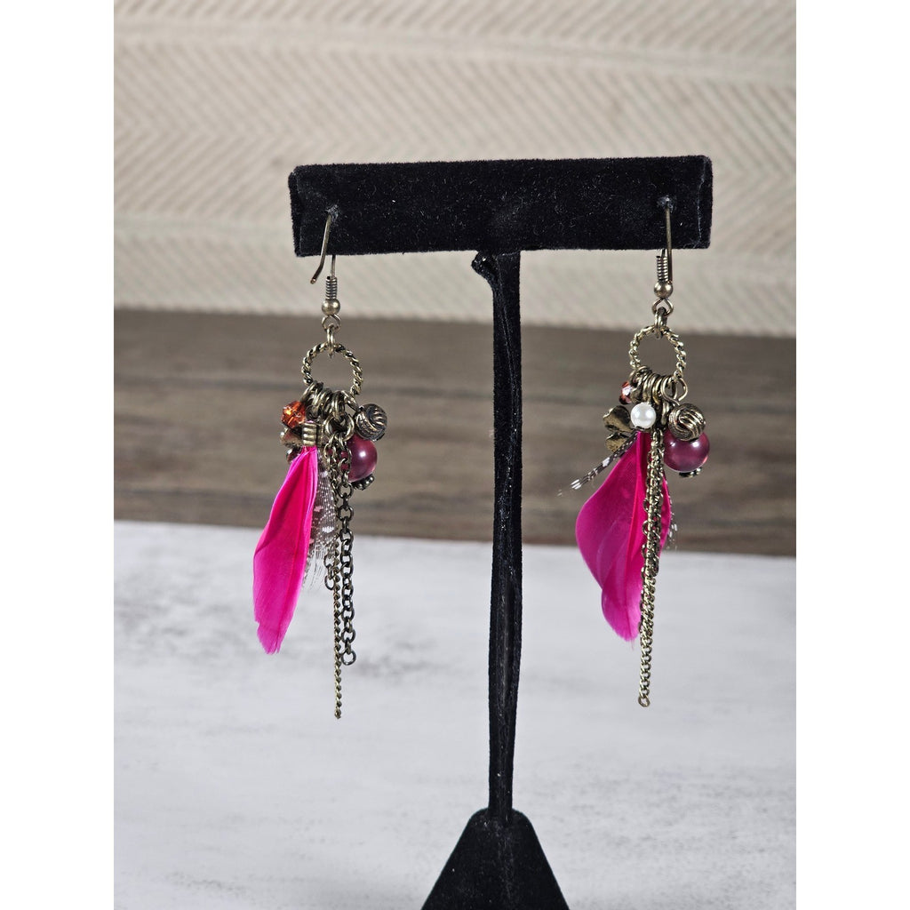Vintage Pink Feather Charm Earrings Floral Boho Dangle Drop