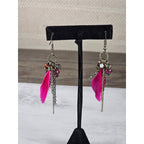 Vintage Pink Feather Charm Earrings Floral Boho Dangle Drop