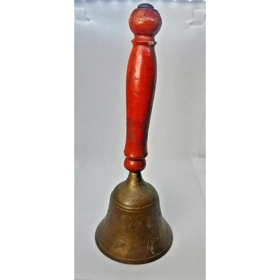 Vintage Brass Wood Bells Set of 2 Etched Decorative Rustic Bells