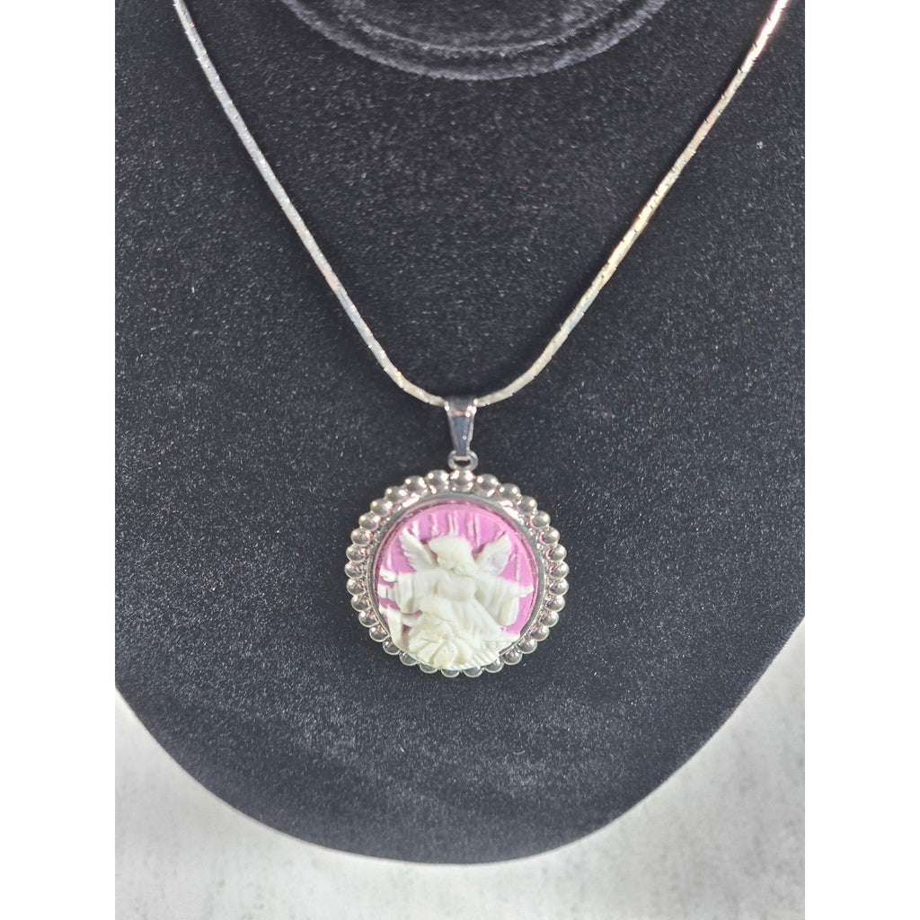 Vintage Angel Cameo Pendant Necklace Pink Relief Silver Tone Oval