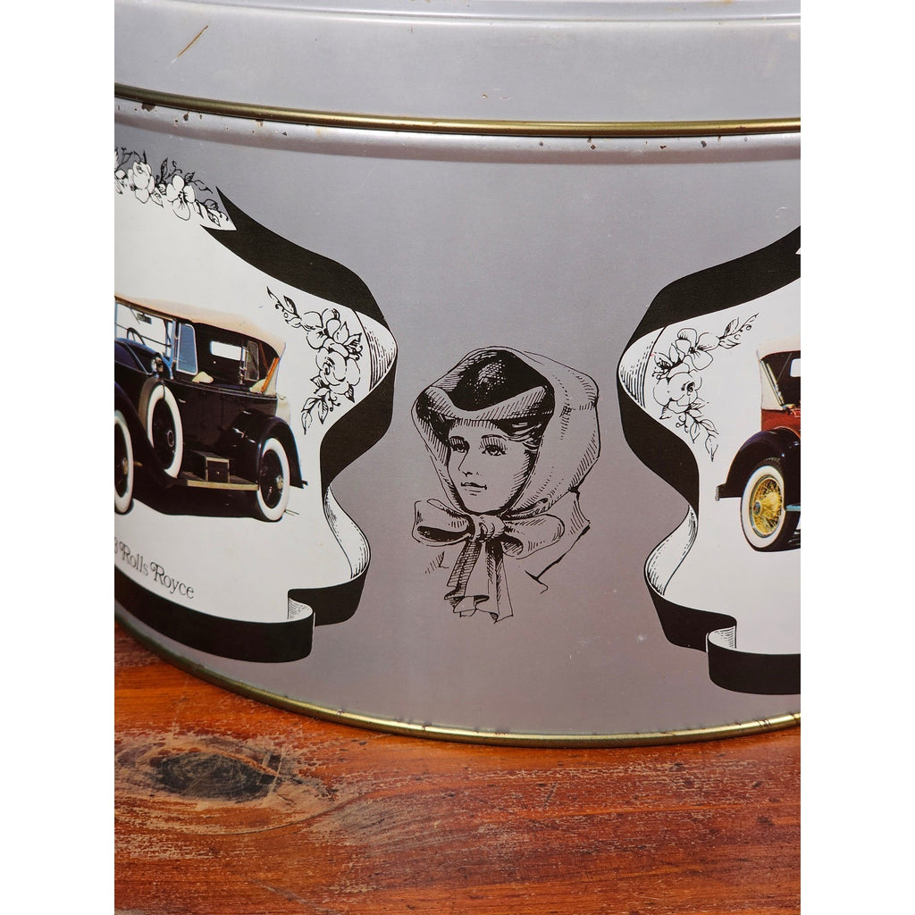 Vintage Classic Car Cookie Tin Empty Round Metal Motorcars from the Classic Era