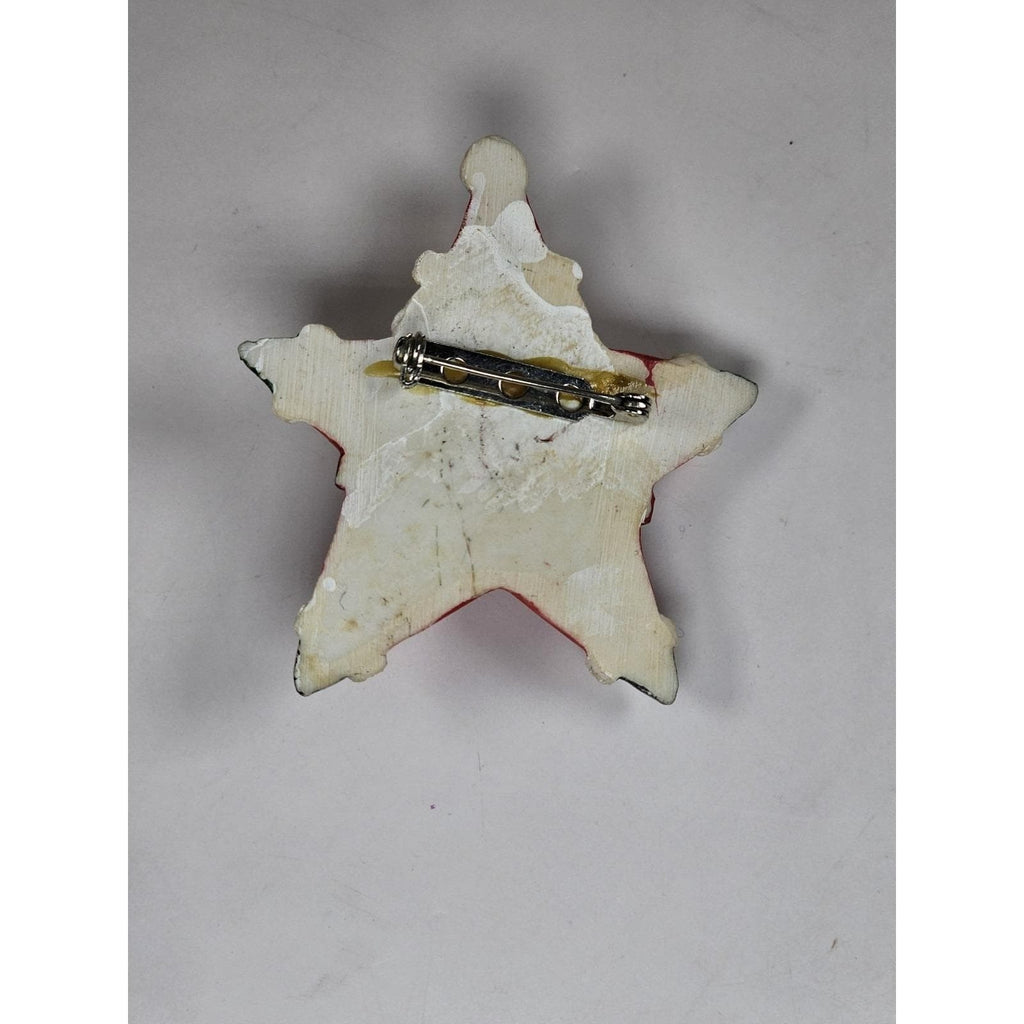 Vintage Folk Art Santa Claus Star Brooch Pin Holiday Christmas Jewelry