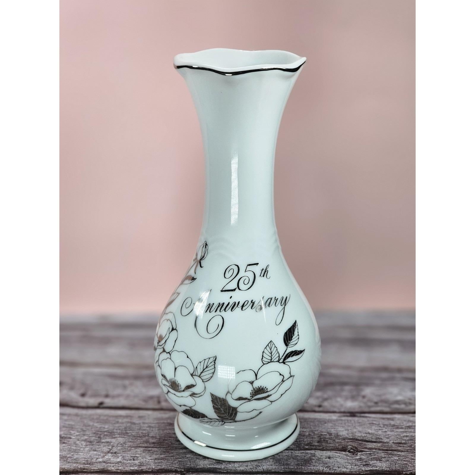 Vintage 25th Anniversary Porcelain Bud Vase with Silver Trim Floral Design