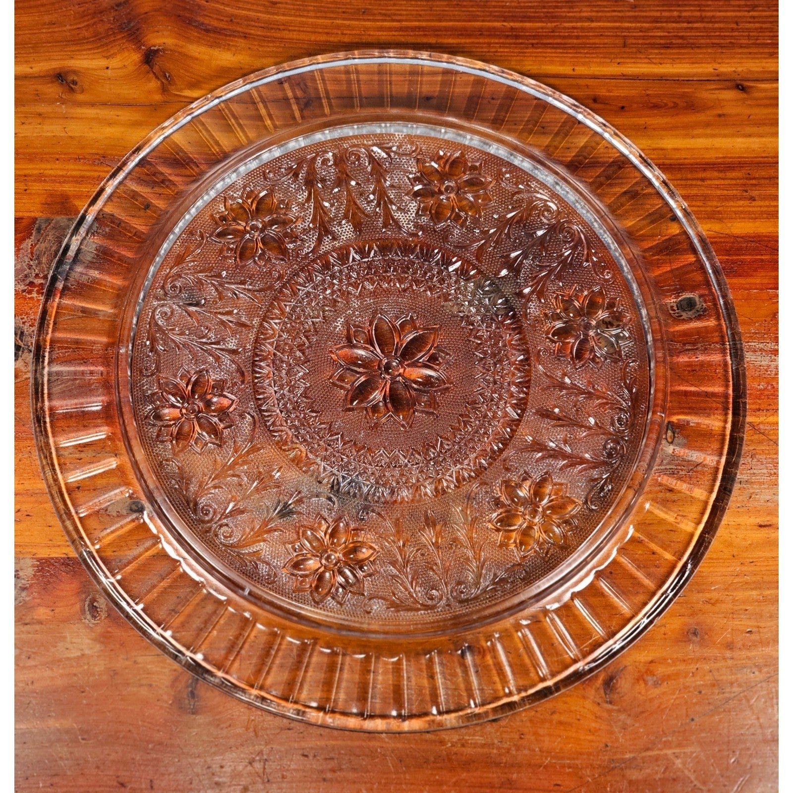 Vintage Pressed Glass Floral Cake Plate | 13" Clear Glass Serving Platter