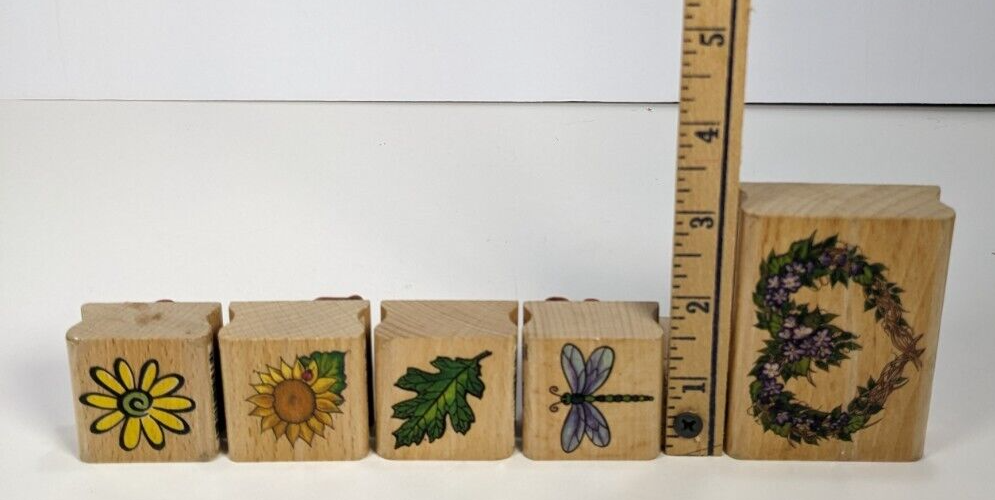 Lot of 5 Wooden Craft Stamps – Dragonfly, Sunflower, Leaf & Floral Heart Nature