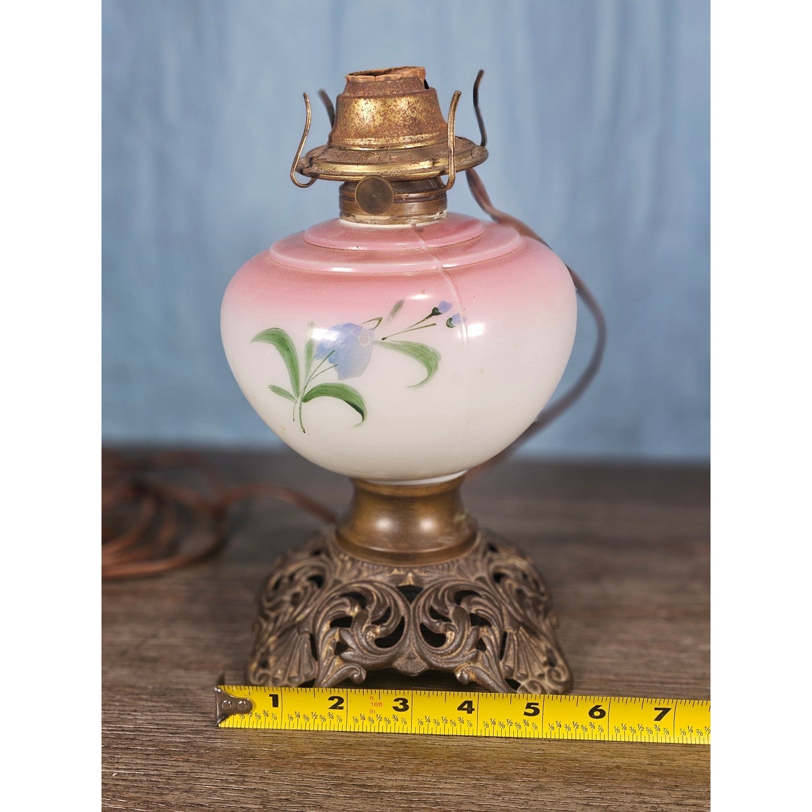 Vintage Hand-Painted Milk Glass Table Lamp | Pink Floral | Project Piece
