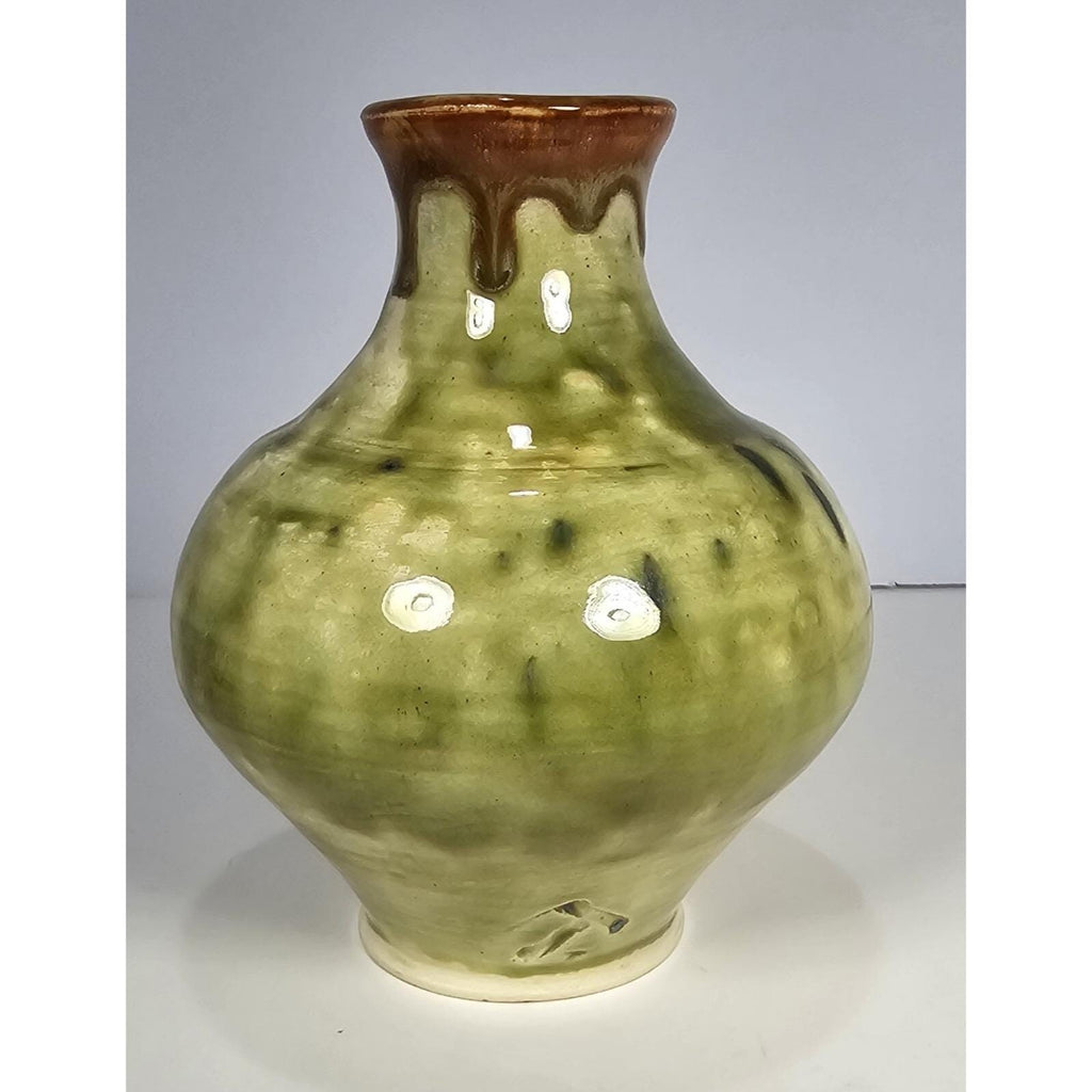 Green & Brown Drip-Glaze Pottery Vase • 5″ x 4.5″ Rustic Earth-Tone