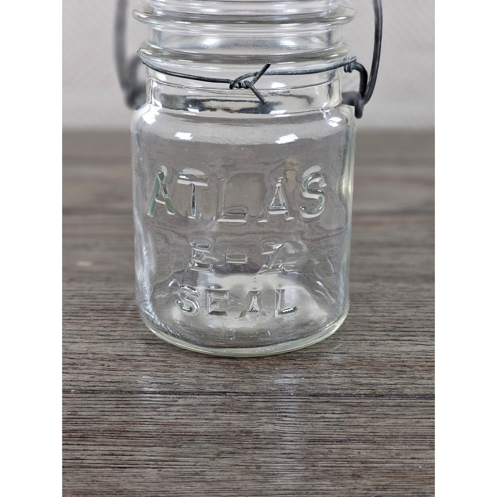 Vintage Atlas E-Z Seal Glass Jar Wire Bail Lid 5x3 Clear Embossed
