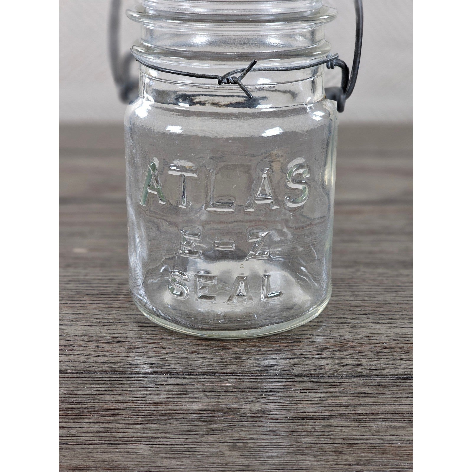 Vintage Atlas E-Z Seal Glass Jar Wire Bail Lid 5x3 Clear Embossed