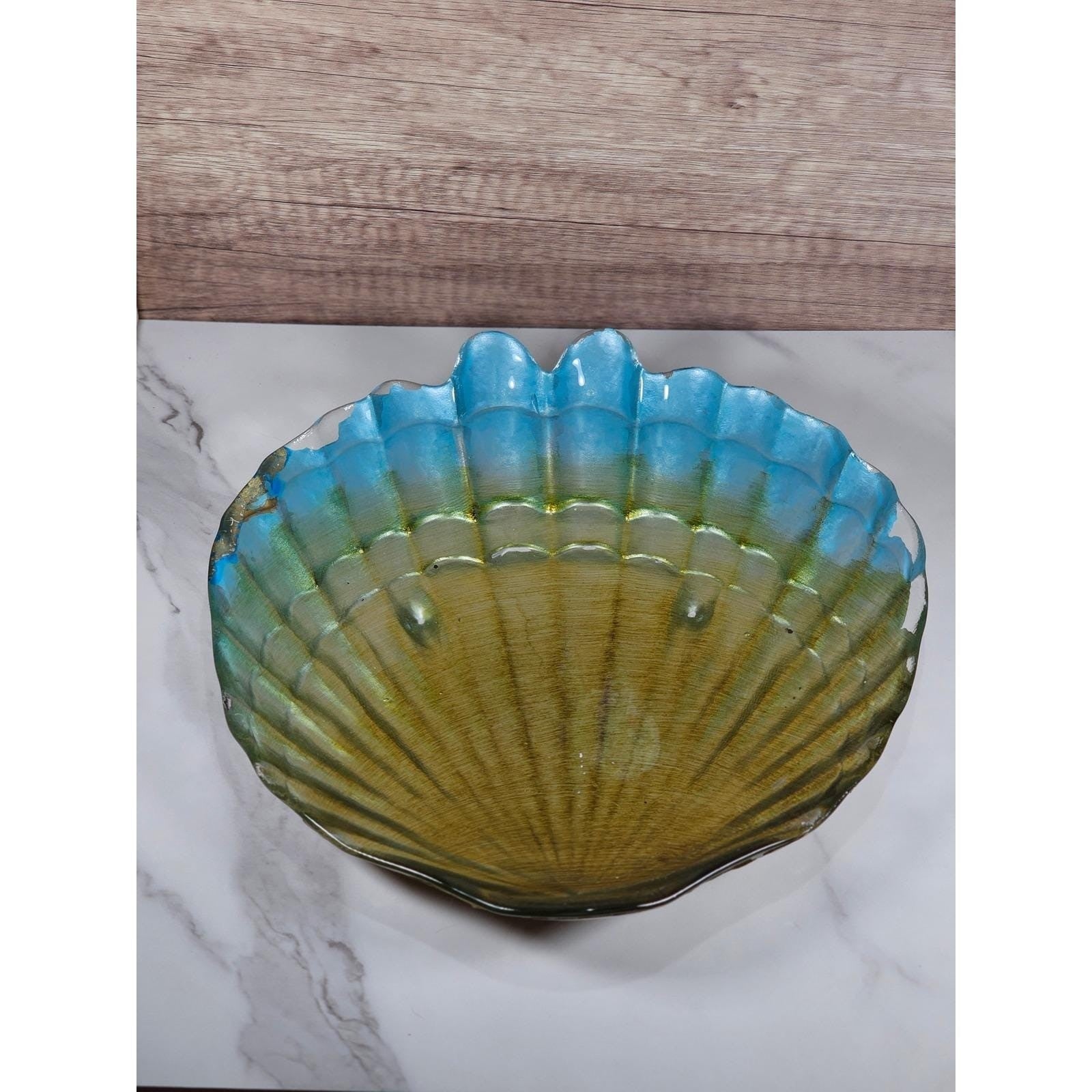 Vintage Shell Plate Blue Gold Coastal Decor Nautical Wall Accent