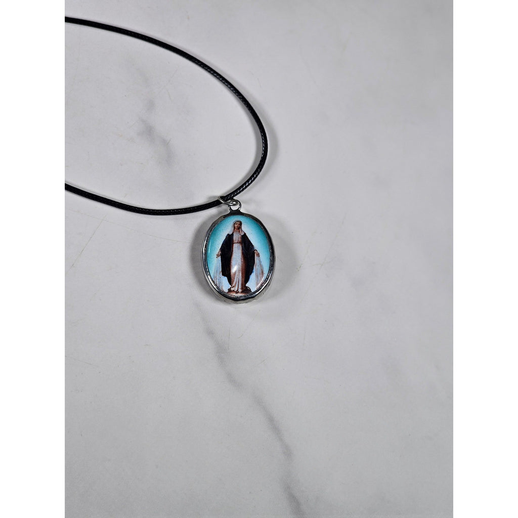 Vintage Miraculous Medal Necklace Oval Catholic Pendant