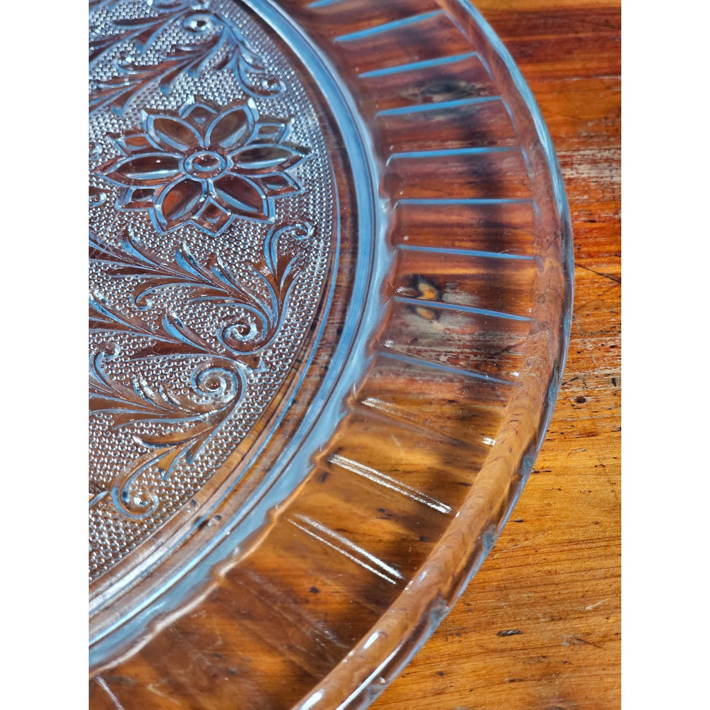 Vintage Pressed Glass Floral Cake Plate | 13" Clear Glass Serving Platter