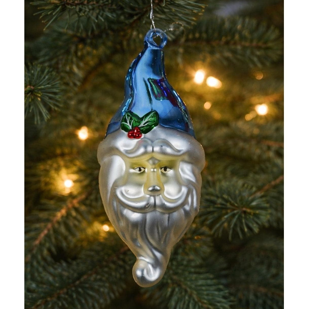 Vintage Glass Santa Ornament Blue Hat 1970s Handblown 7 Inch