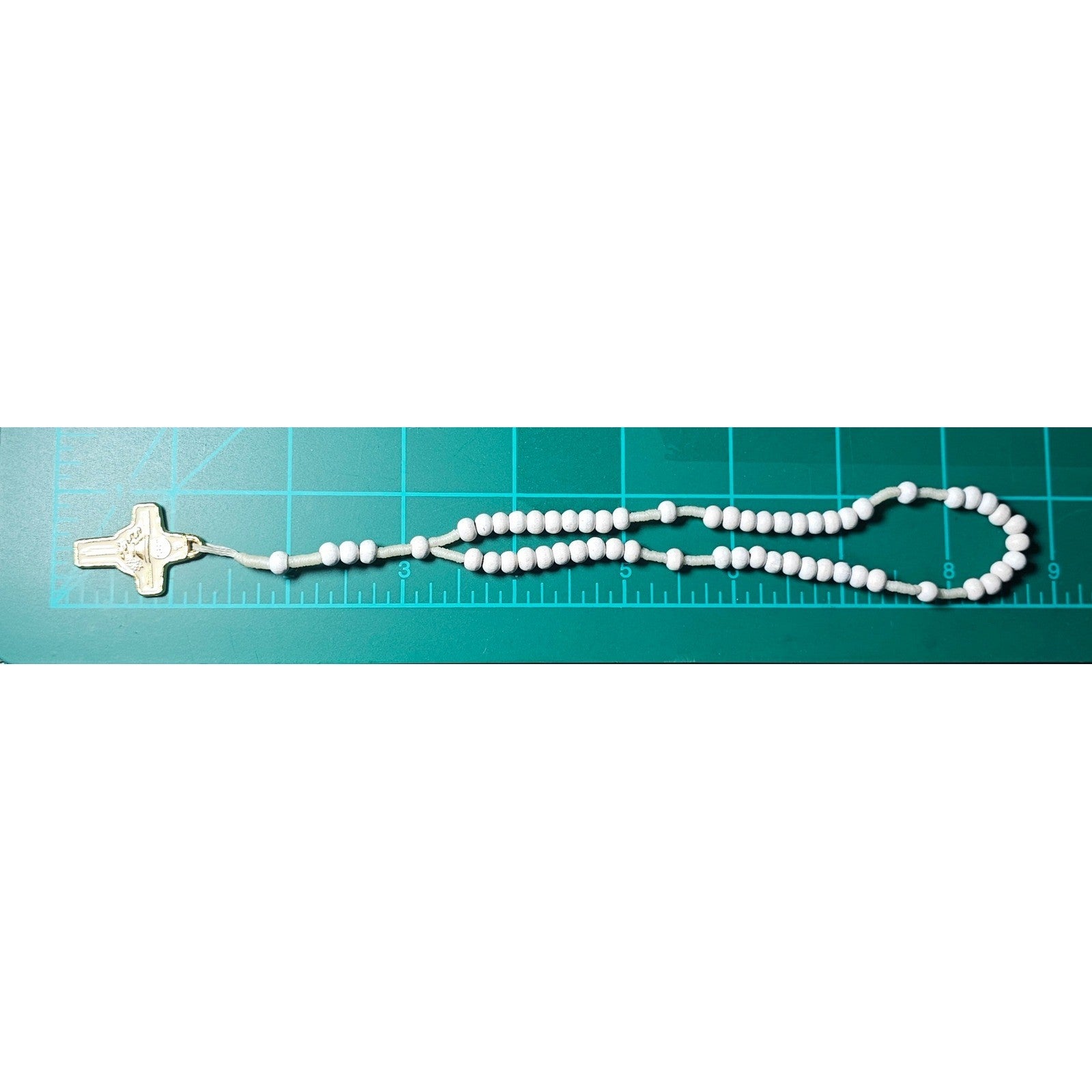 Vintage White Beaded Rosary Necklace Gold Tone Cross Pendant
