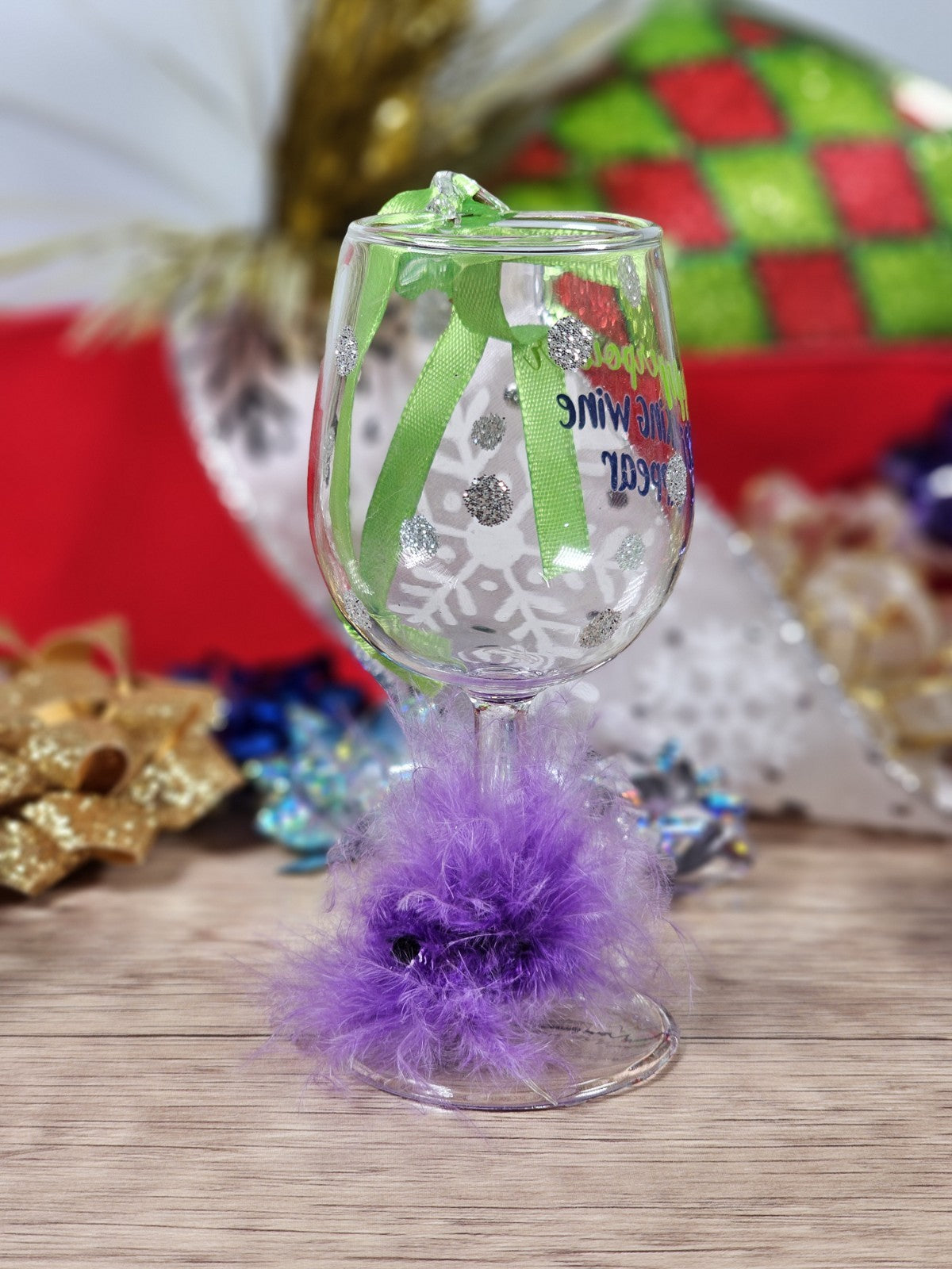 Decorative Wine Glass Ornament 4" Tall With Green Ribbon & Purple Feathers