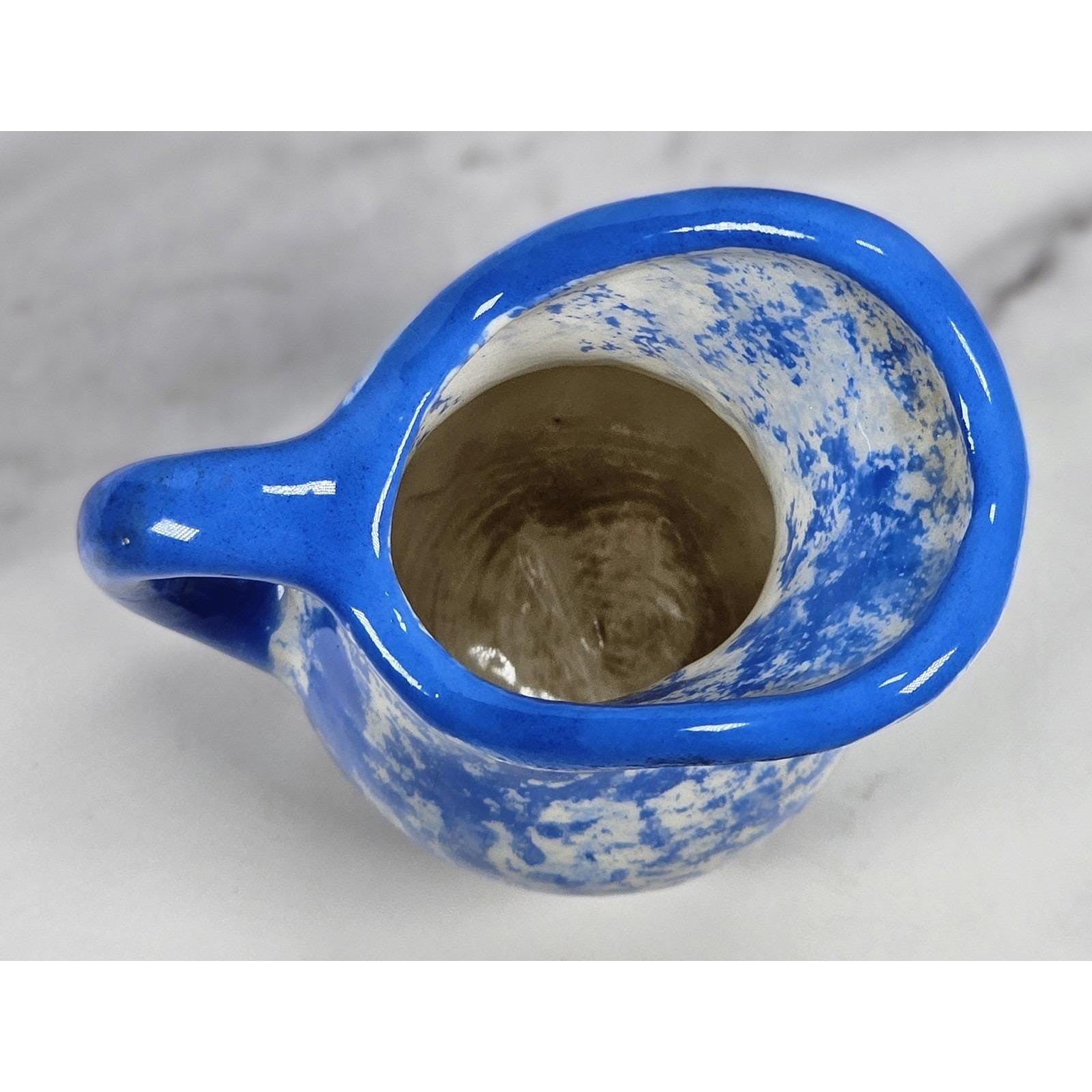 Vintage Blue & White Spongeware Pitcher and Bowl Set Rustic Pottery