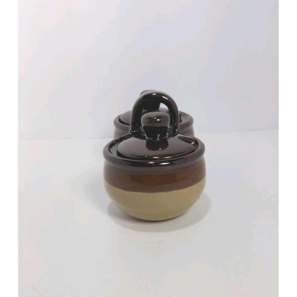 Vintage Jam Server Double Pot Brown Ceramic Lidded Condiment