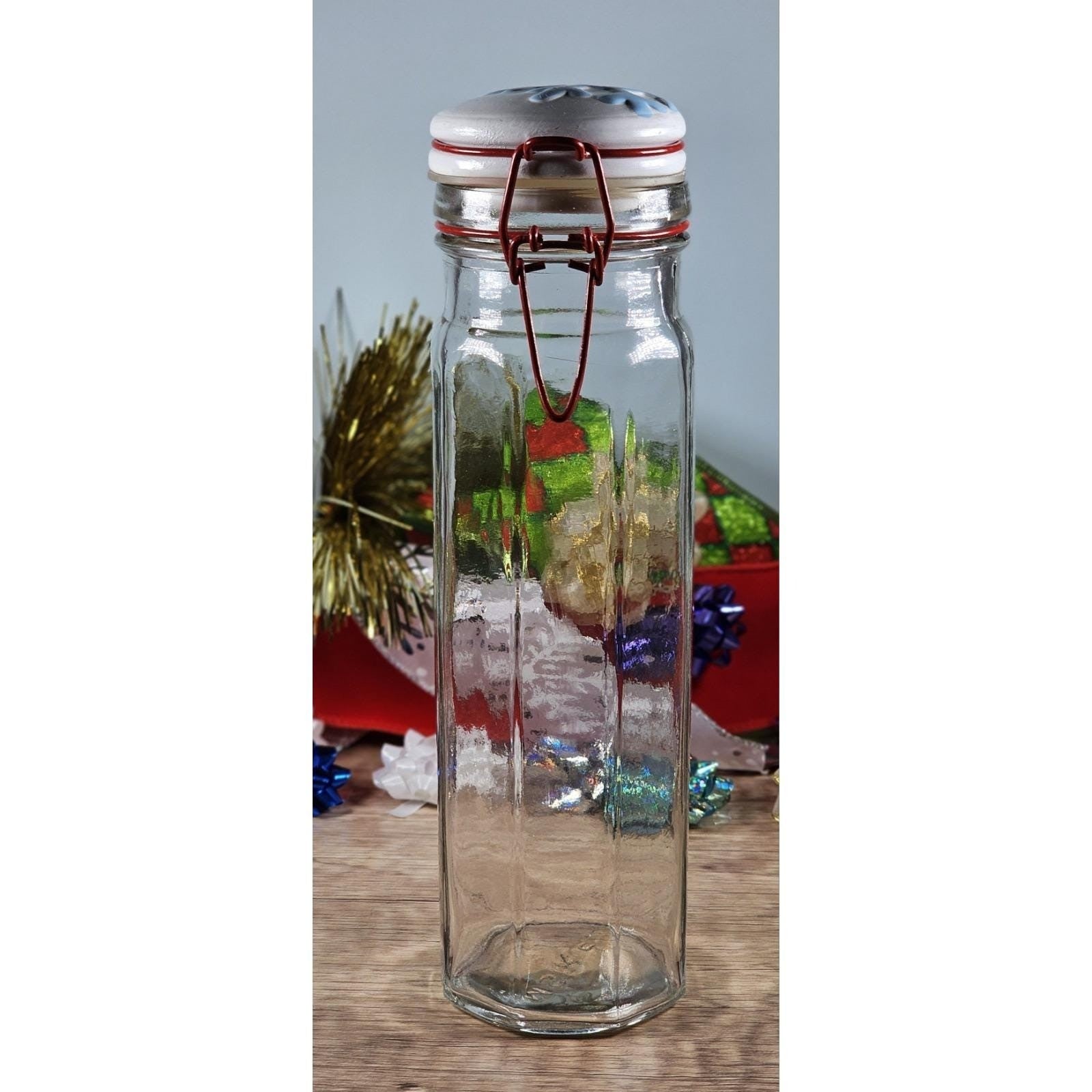 Vintage Glass Storage Jar Red Clamp Lid Snowflake Top 9 Inch