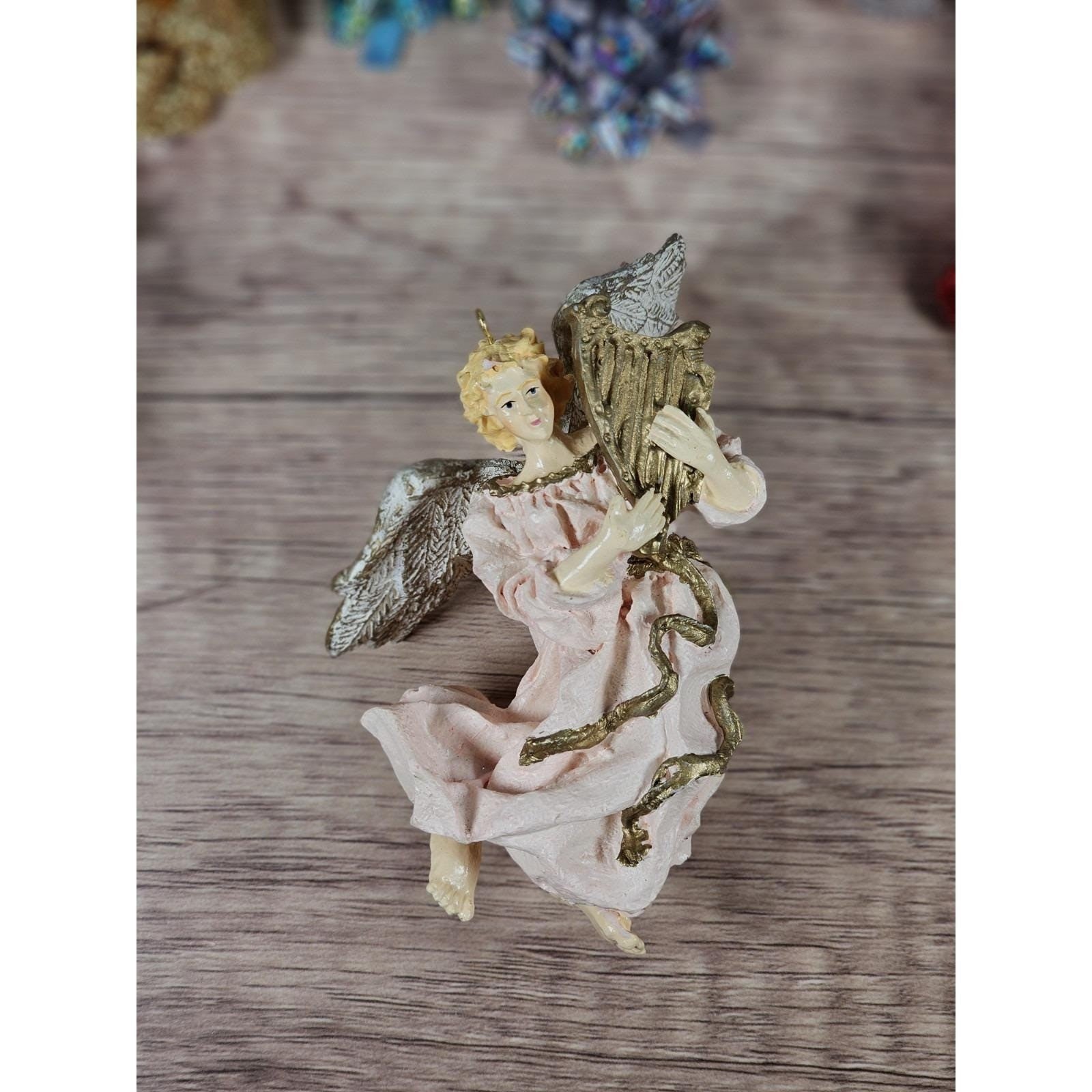 Vintage Angel Ornament Pink Resin Harp 1990s Christmas Decor
