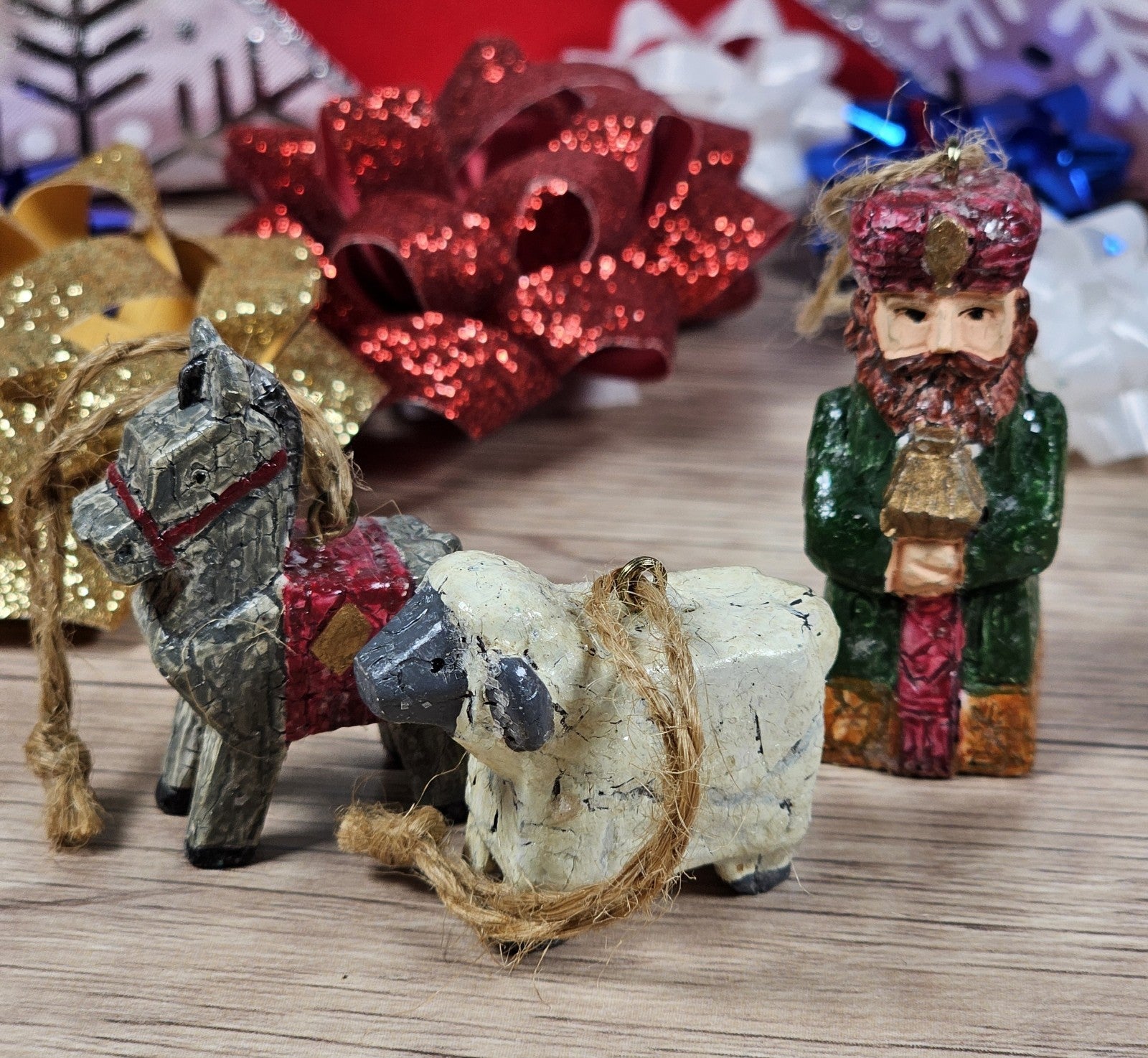 Set of 3 Small Nativity Wiseman Sheep and Horse Christmas Ornaments Miniature