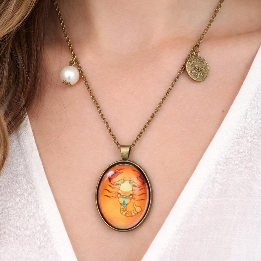 Vintage Scorpio Pendant Necklace Zodiac Cameo Oval Cabochon