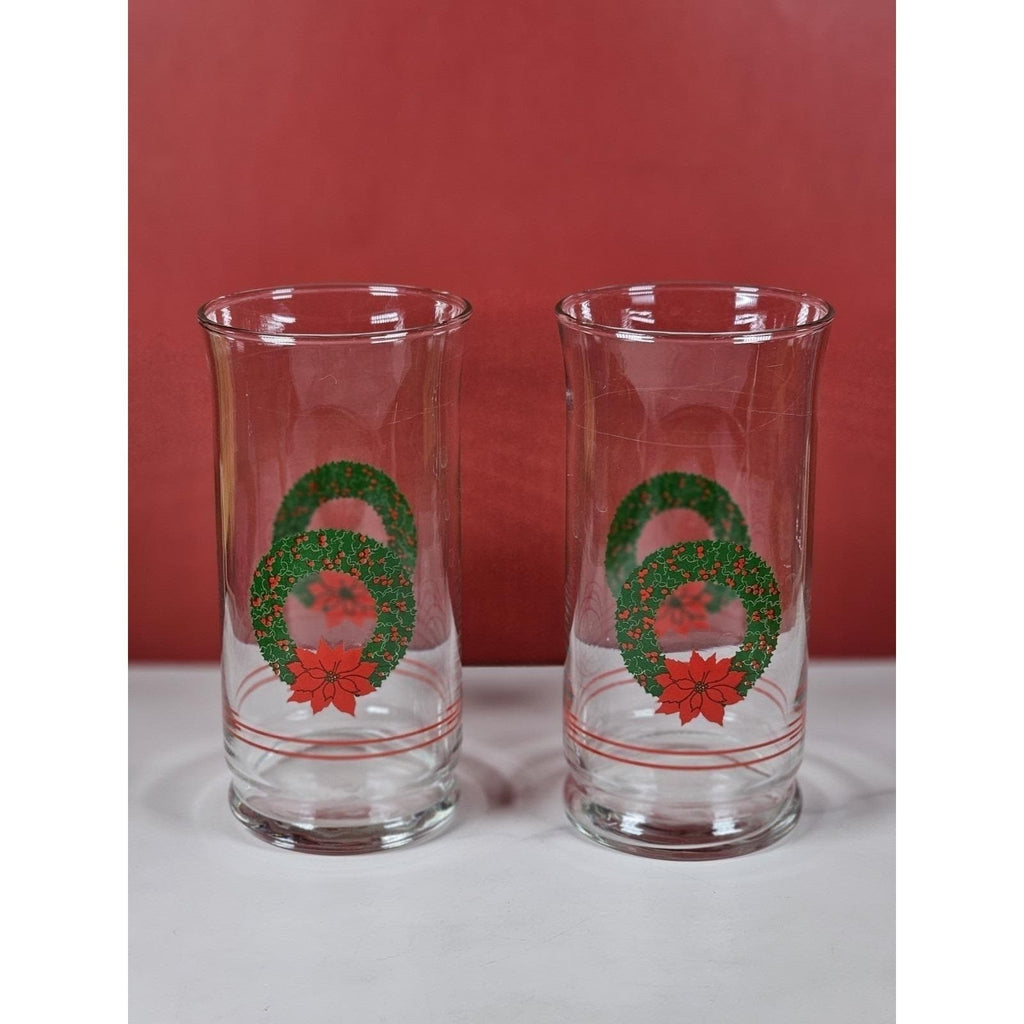 Vintage Libbey Christmas Glasses Set of 2 Holly Poinsettia Holiday Drinkware