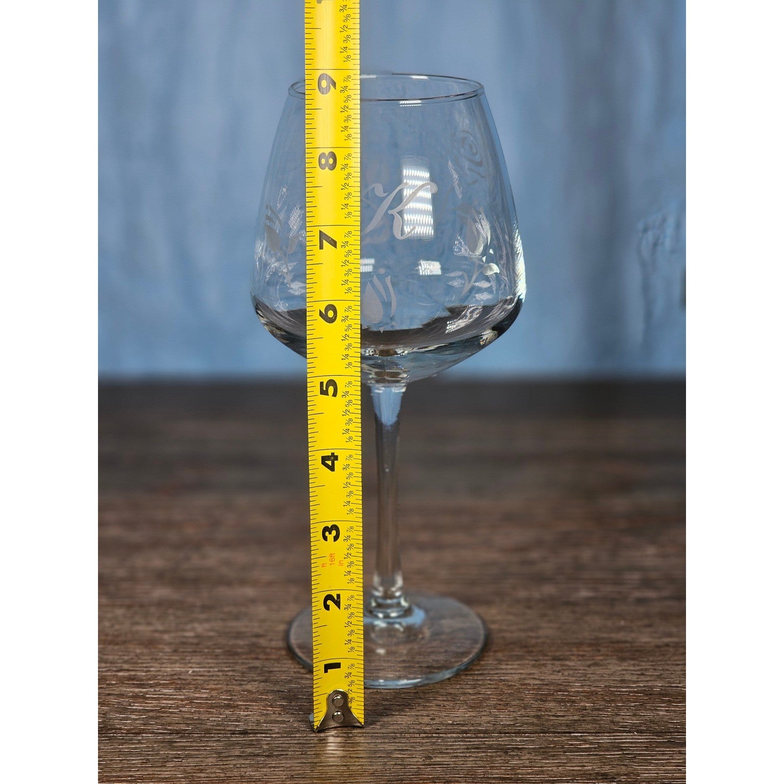 Vintage Etched Rose Wine Glass with Letter K 8.5 Inch Clear Stemware