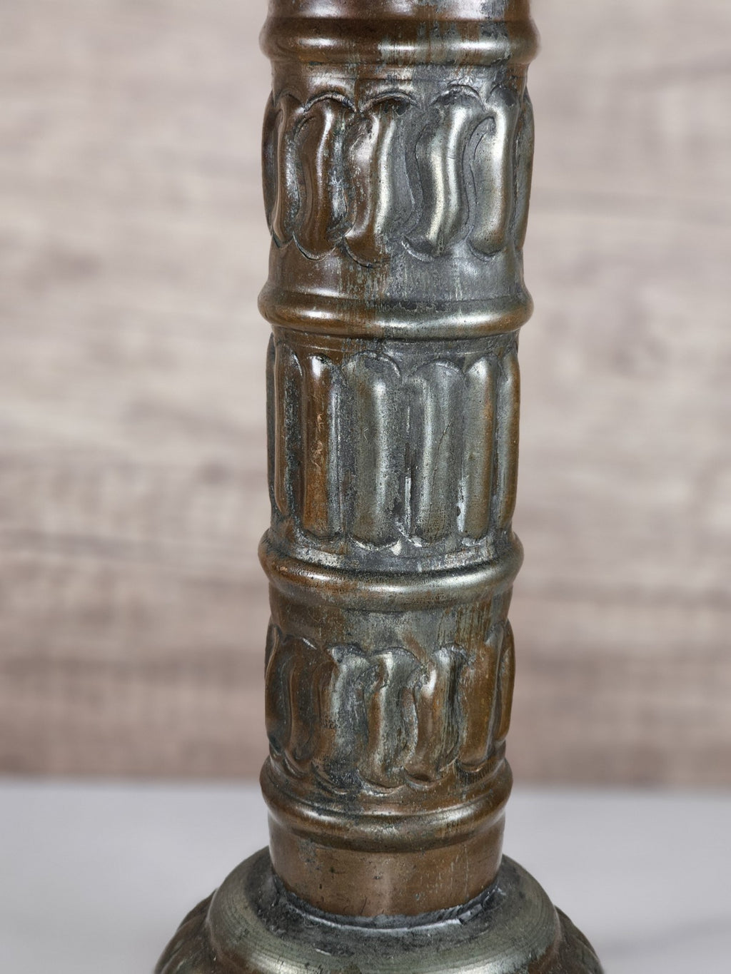 Antique Tinned Copper Candlestick Holder Ornate Embossed Design 12" Tall