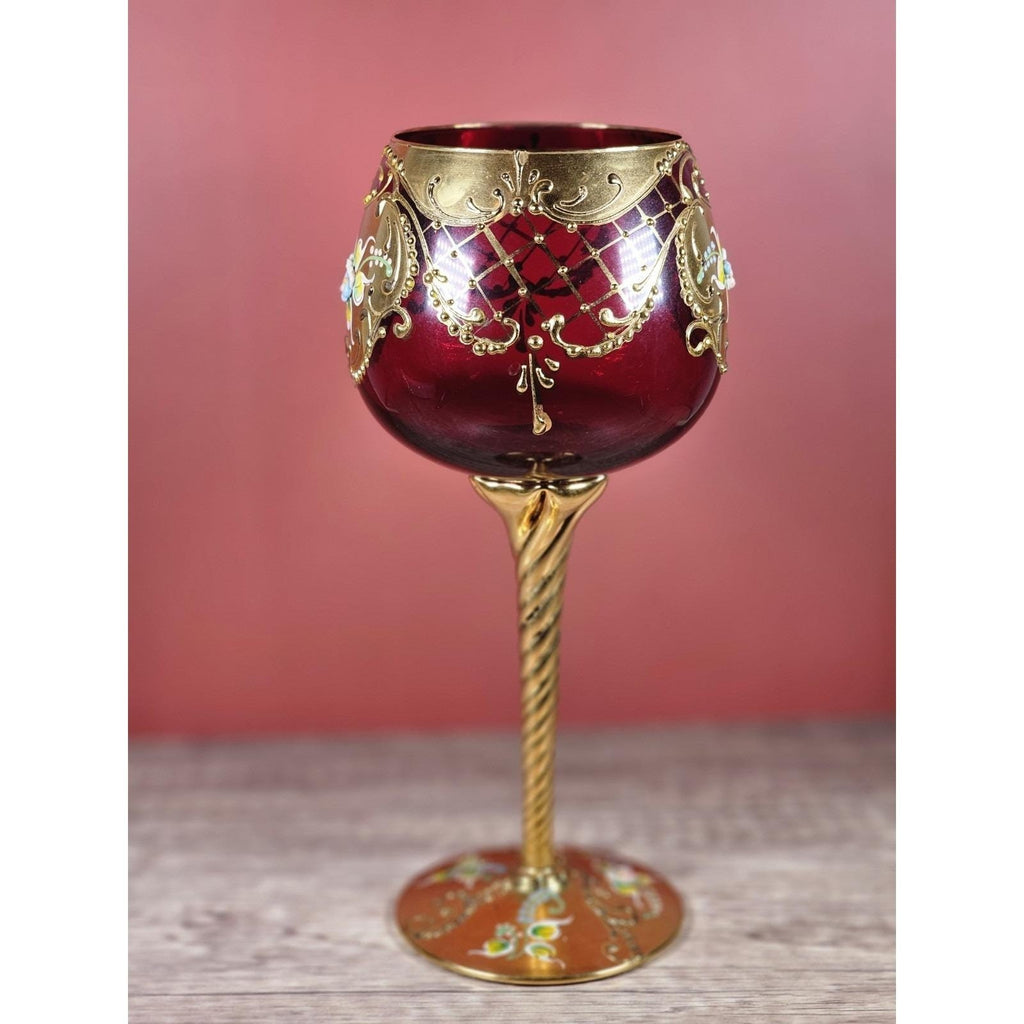 Vintage Gold Enameled Wine Glass Twisted Stem 8.75" Hand Painted