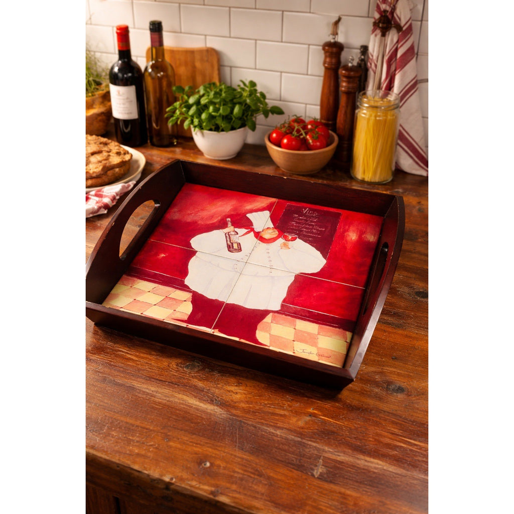 Vintage Tile Art Chef Serving Tray Wine Theme Wooden Handles