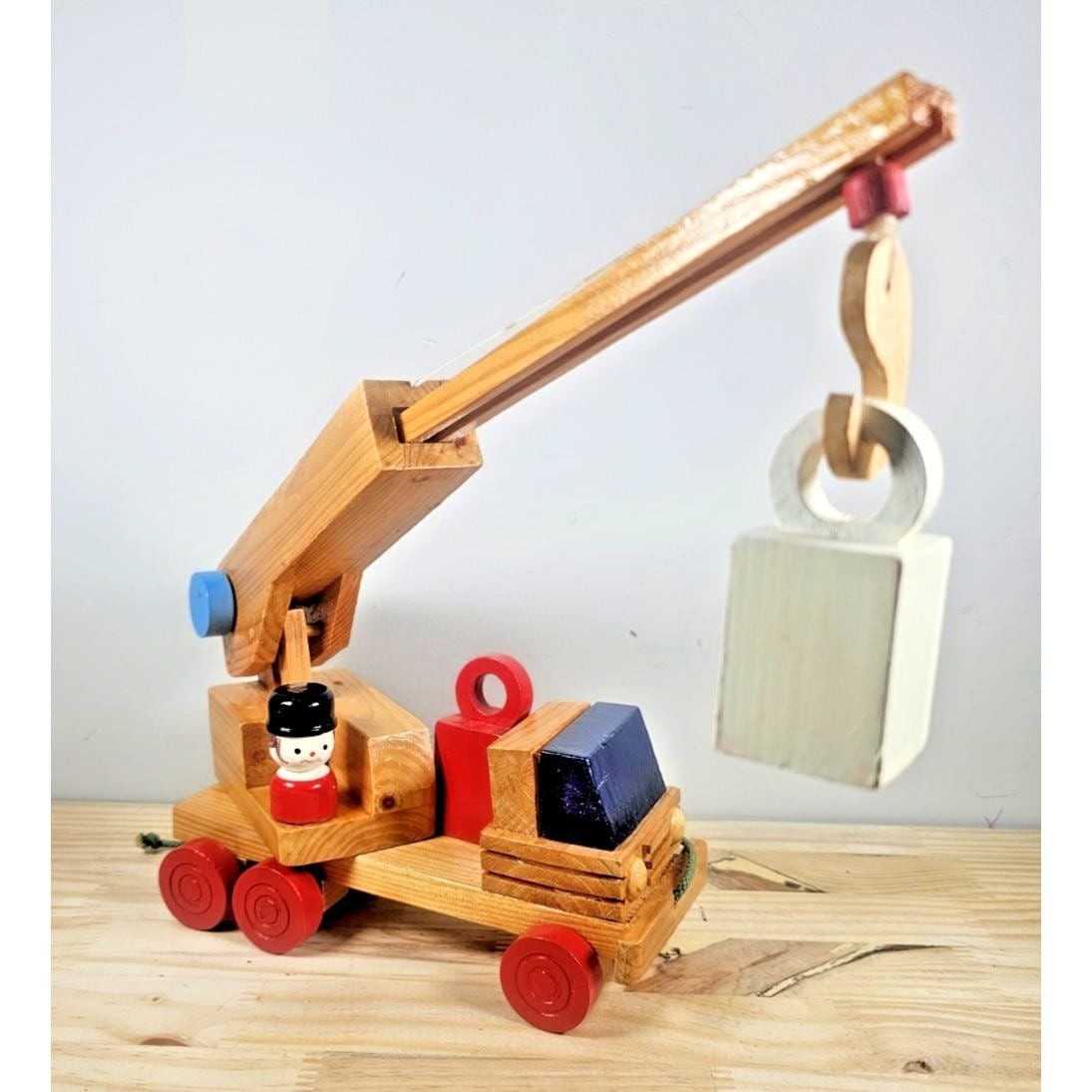 Vintage Wooden Crane Truck Pull Toy Mid Century Construction Toy