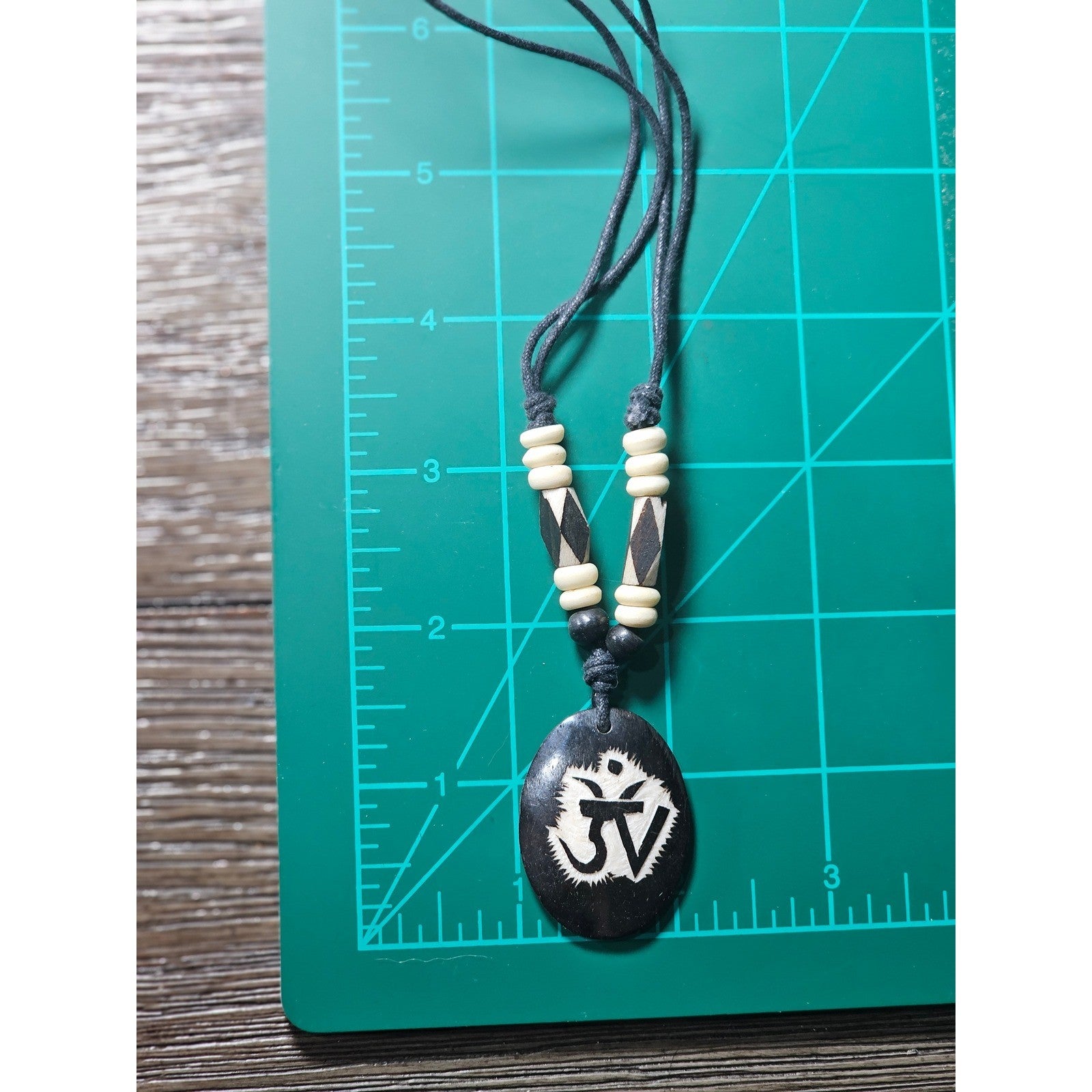 Vintage Hand Carved Pendant Necklace Black Cord Tribal Style