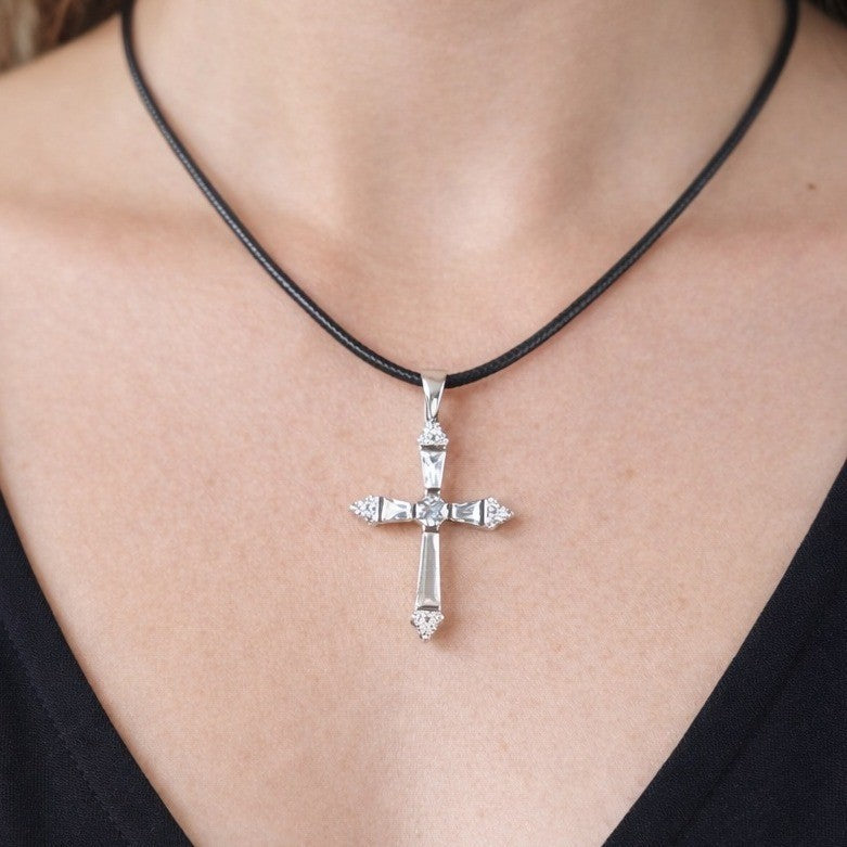 Vintage Sterling Silver Cross Necklace with CZ Stones Pendant