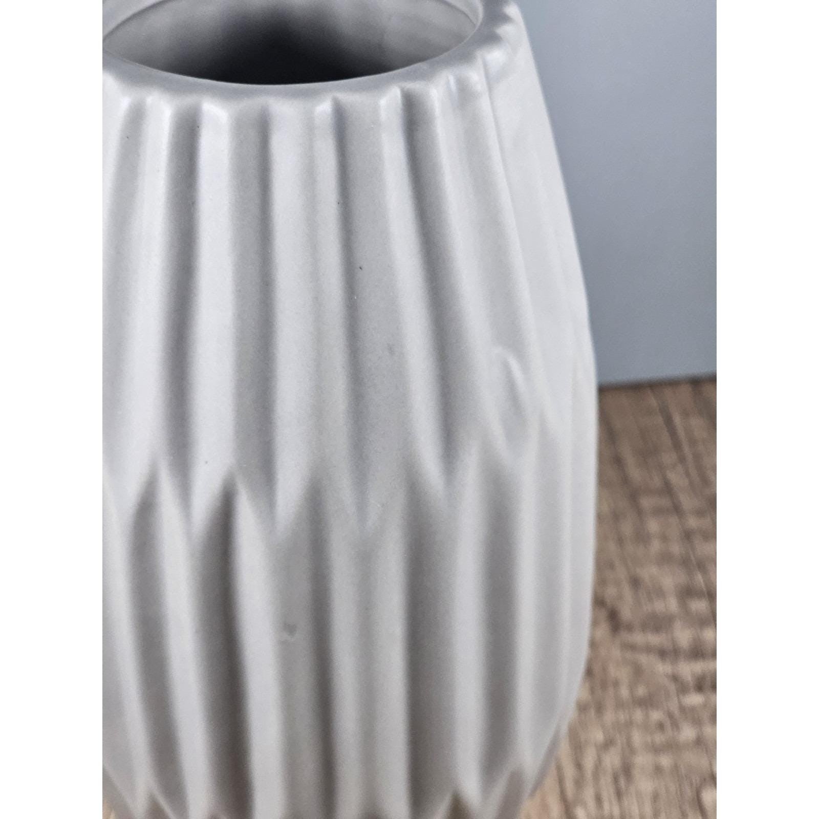 Vintage Grayish White Ribbed Ceramic Vase | 7" Tall Textured Home Decor