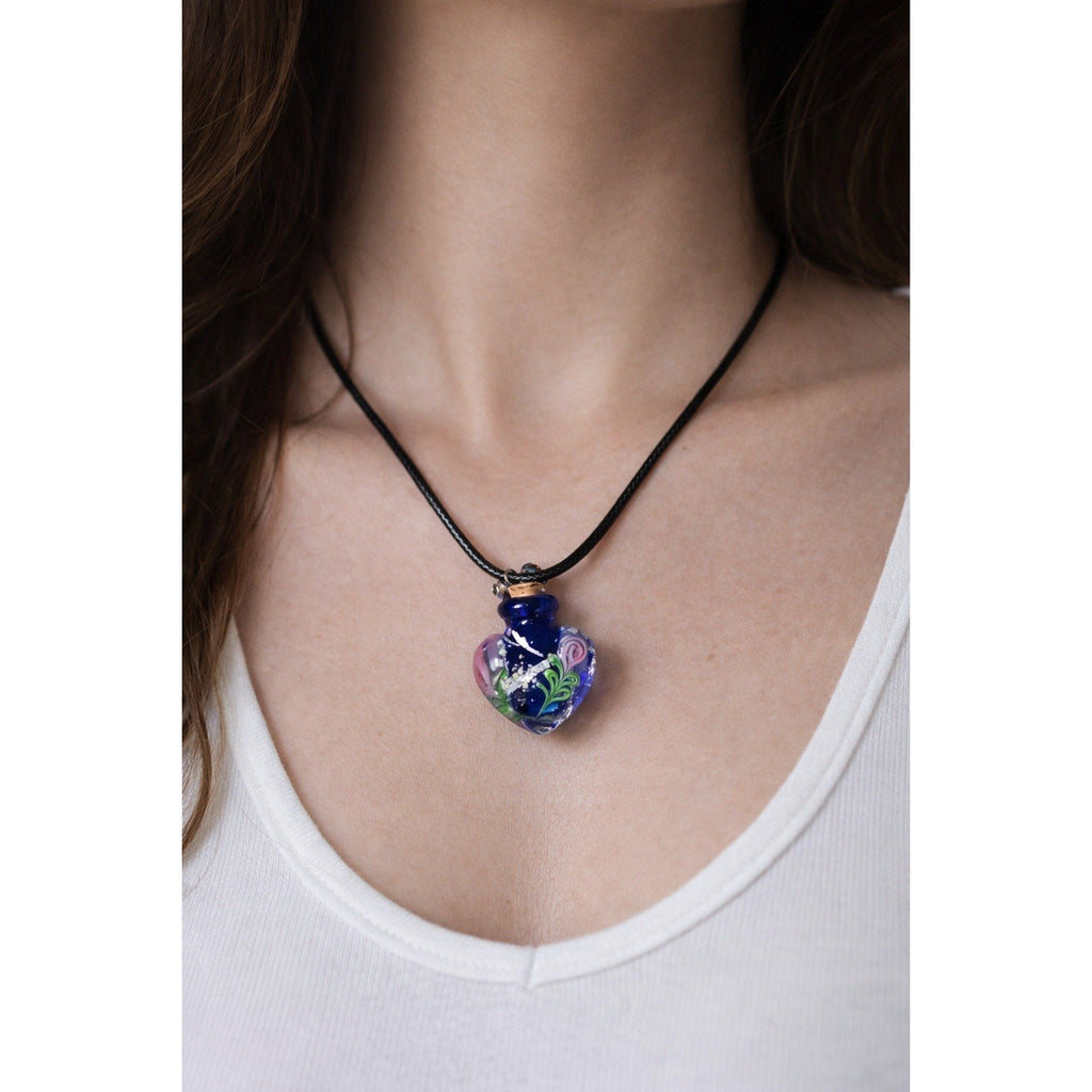 Vintage Glass Heart Vial Necklace Blue Hand Blown Art Glass Pendant