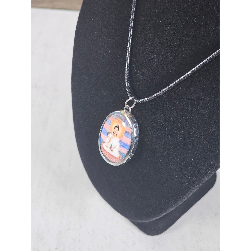 Vintage Buddhist Pendant Necklace Guanyin Lotus Oval Medallion