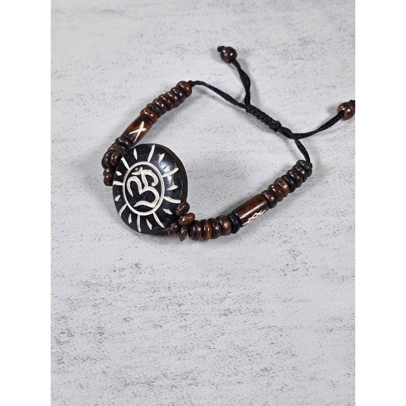 Vintage Wooden Om Sun Bracelet Adjustable Beaded Cord