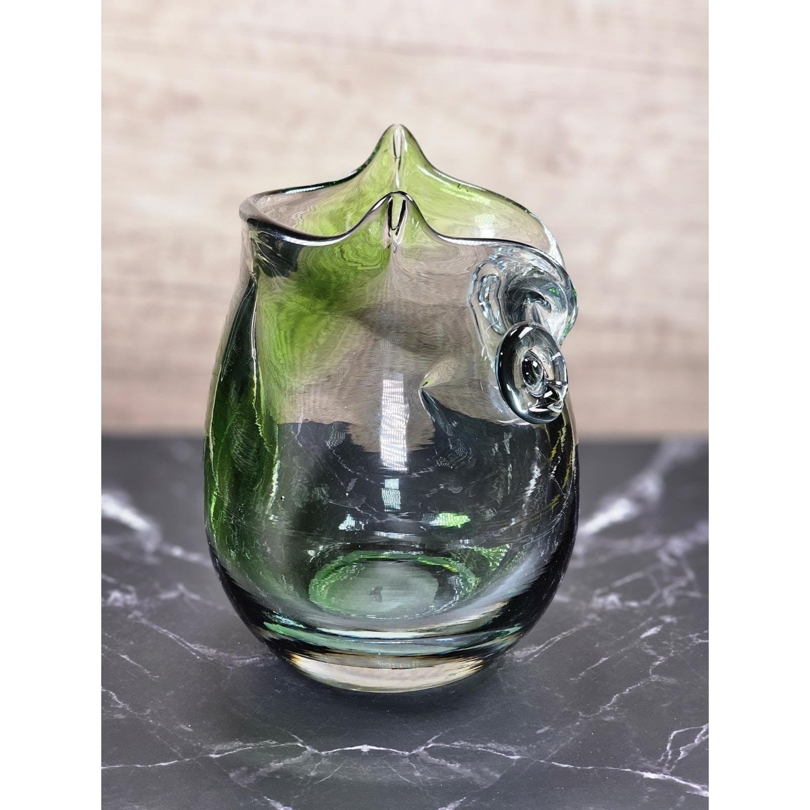 Vintage Hand Blown Glass Owl Vase Green Clear Art Glass